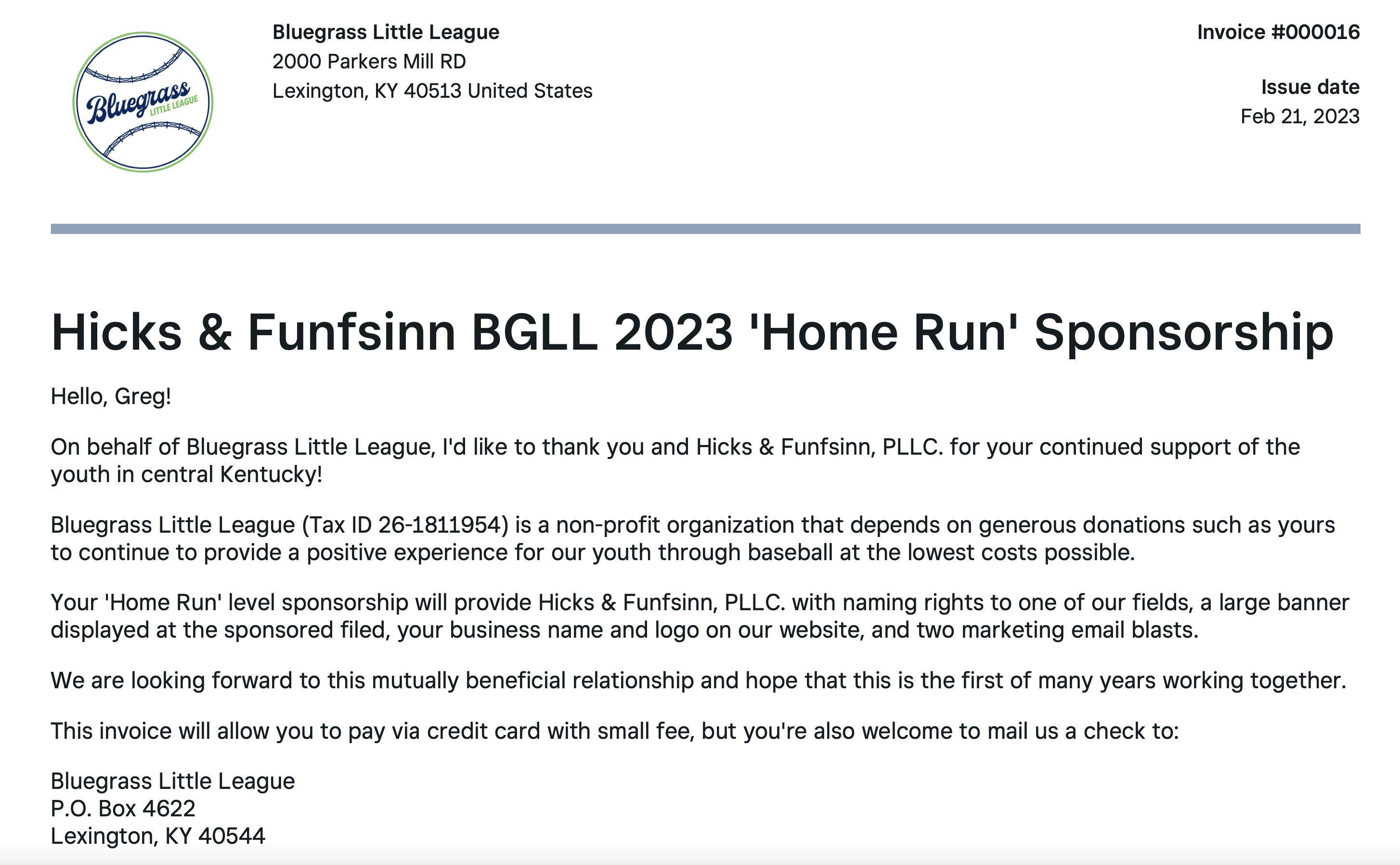 Letter from Bluegrass Little League thanking Hicks & Funfsinn BGLL for sponsoring a field and banner. 
