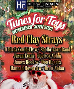 Tunes for Toys events poster with Hicks & Funfsinn sponsorship highlighted