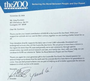Letter thanking the firm for supporting the Louisville Zoo Fund.