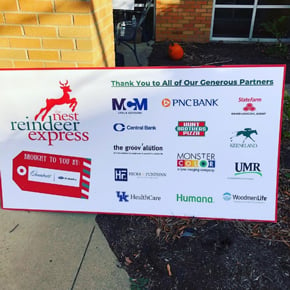 Banner for the Nest Reindeer Express event, sponsored by Hicks & Funfsinn