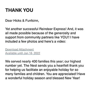 The Nest’s Reindeer Express note of thanks for the firm's sponsorship