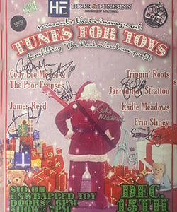 Tunes For Toys poster, event sponsored by Hicks & Funfsinn